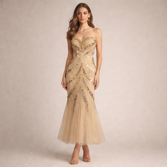 Cinderella Divine Strapless Sequin Mermaid Dress  Champagne Gold (Size 6,  NWT)